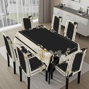 5/7-piece 2D Flat Printing Black Gold White Floral Frame Printing Pattern Tablecloth and Chair Covers Set, for dining table and chair decoration, perfect for home, holiday gatherings, restaurants, and parties.