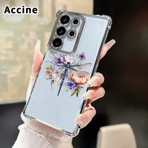 Phone Case Compatible with Samsung Galaxy S26 Ultra S24 Plus S25 S22+ FE Edge Dragonfly Bloom Patterned Protective Four Corners Plated Shockproof Transparent Soft Silicone Cover
