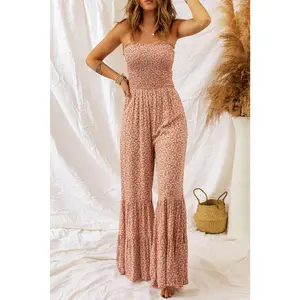 Khaki Floral Spaghetti Straps Wide Leg Jumpsuit
