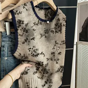 One piece + Women's spring/summer elegant-artistic loose-fit round-neck sleeveless knit top. Deep blue contrast trim + ink-wash painting print. Perfect for refined school days - layer with a vest or wear it solo!