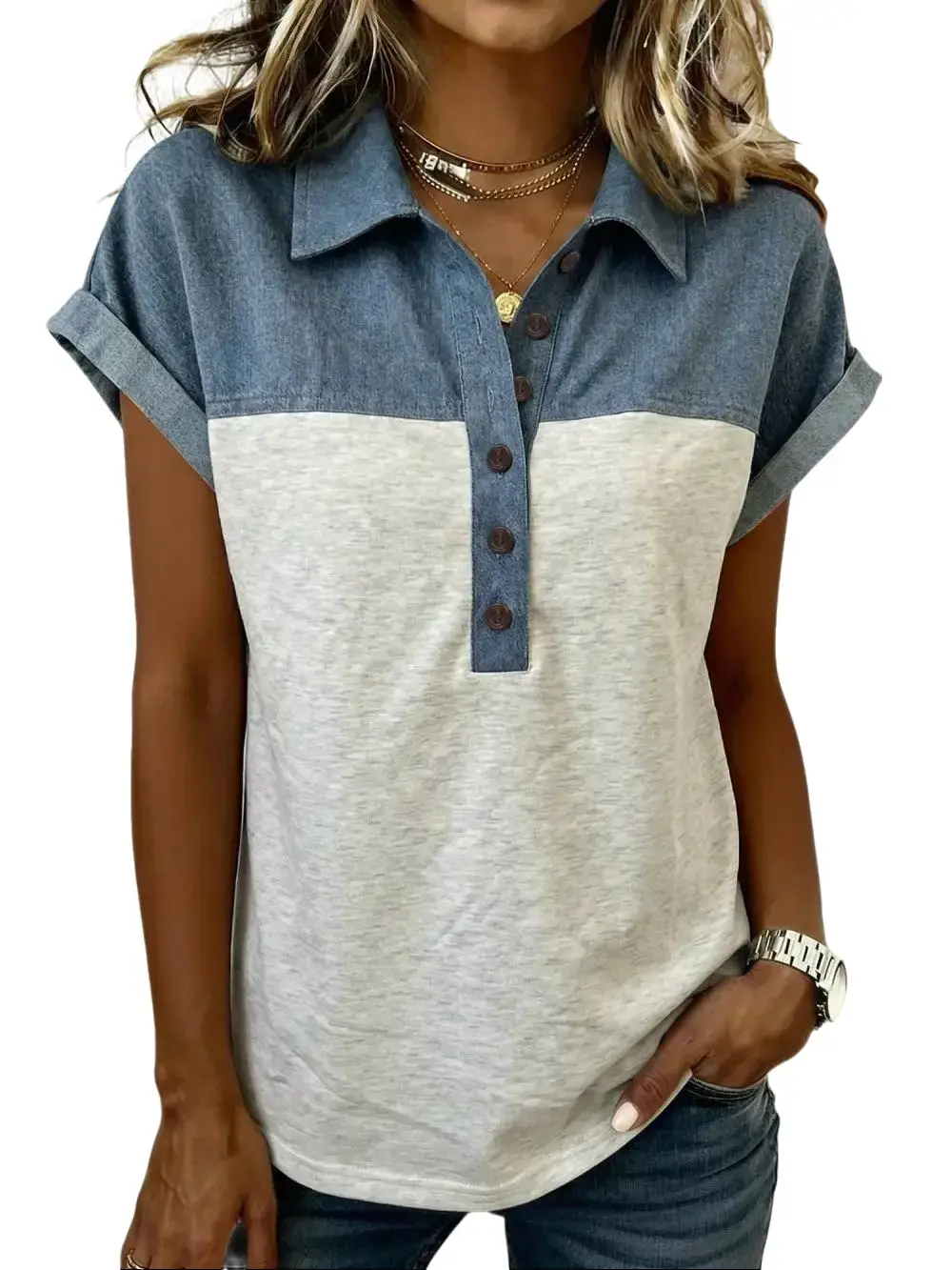 Women's Color Block Polo Shirt Casual Short Sleeve Button Down Blouse Patchwork Tops for Work Daily Wear