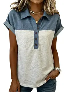 Women's Color Block Polo Shirt Casual Short Sleeve Button Down Blouse Patchwork Tops for Work Daily Wear