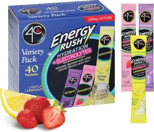 4C Energy Rush PSD with Electrolytes Variety Pack Stix, 40 ct (14 Lemonade, 12 Strawberry/14 Grape)