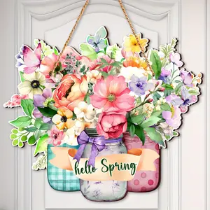 Wooden Door Sign Displaying Spring Flowers, Welcome Door Plaque with Colorful Butterfly Decorations, Indoor and Outdoor Farmhouse Environment