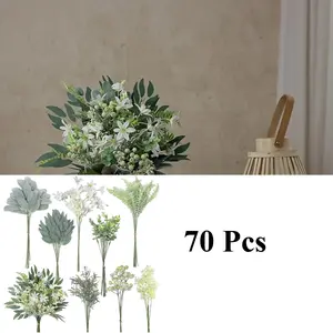 70 Pcs Artificial Greenery Stems Box Set,with 8 Kinds of Faux Plants and Fake Flowers for DIY Bridal Bouquets Wedding Floral Arrangement Table Centerpieces Decoration (Sage Green & White)