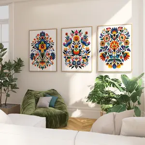 Mexican Folk Art Print Set of 3 - Colorful Otomi Wall Art, Vibrant Floral Art, , Boho Decor for Living Room, Bedroom, Office