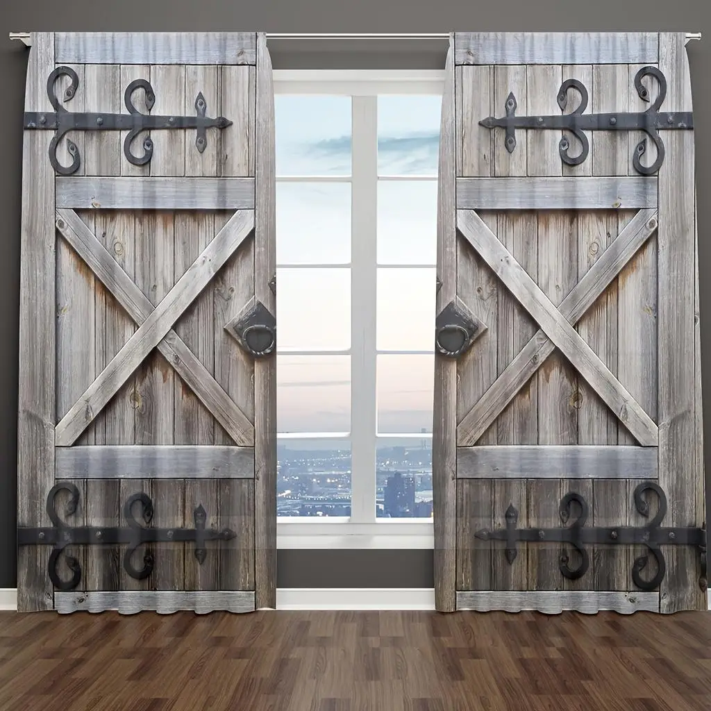 Vintage Wooden Door Pattern Curtain, 2pcs/set Retro Curtain, Waterproof Rod Pocket Curtain for Living Room Bedroom Kitchen Study Bathroom