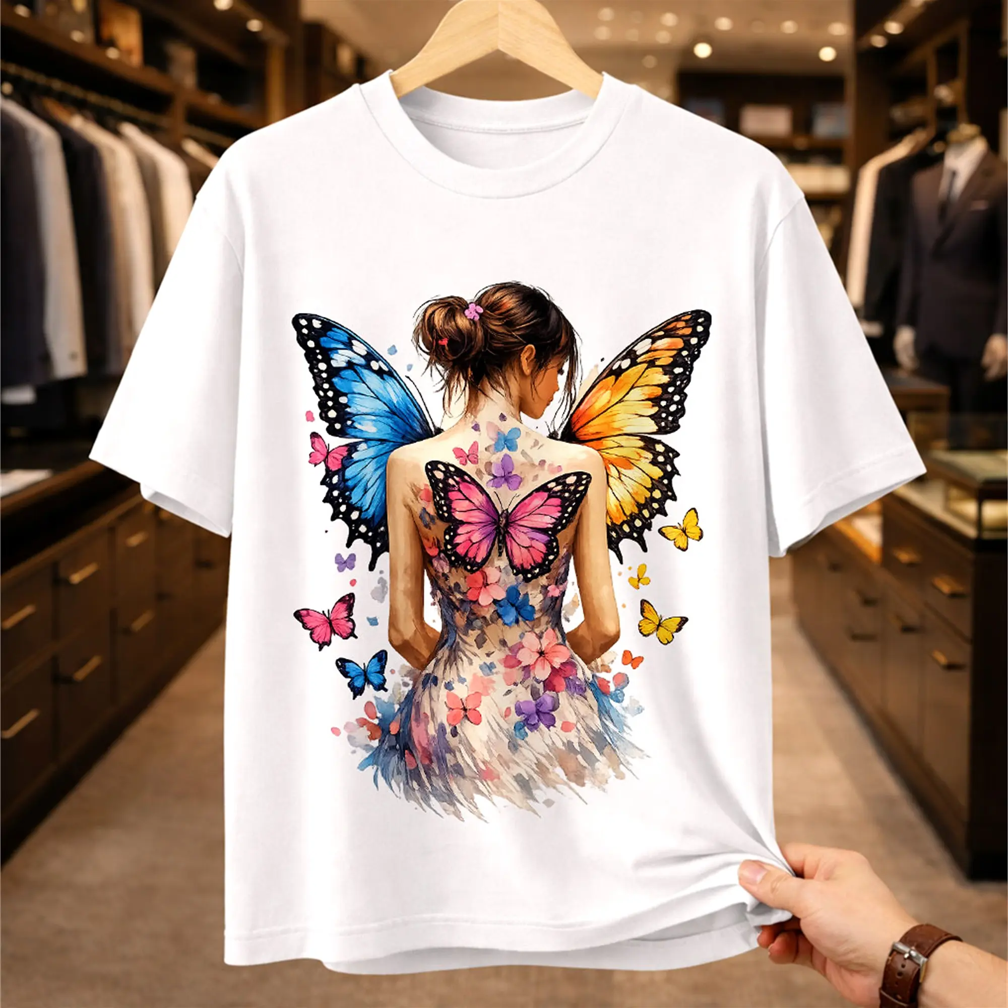 Butterfly Wings Watercolor Graphic T-Shirt| Boho Floral Art Women's Tee| Aesthetic Nature Inspired Fashion Top| Unisex Premium Cotton Shirt