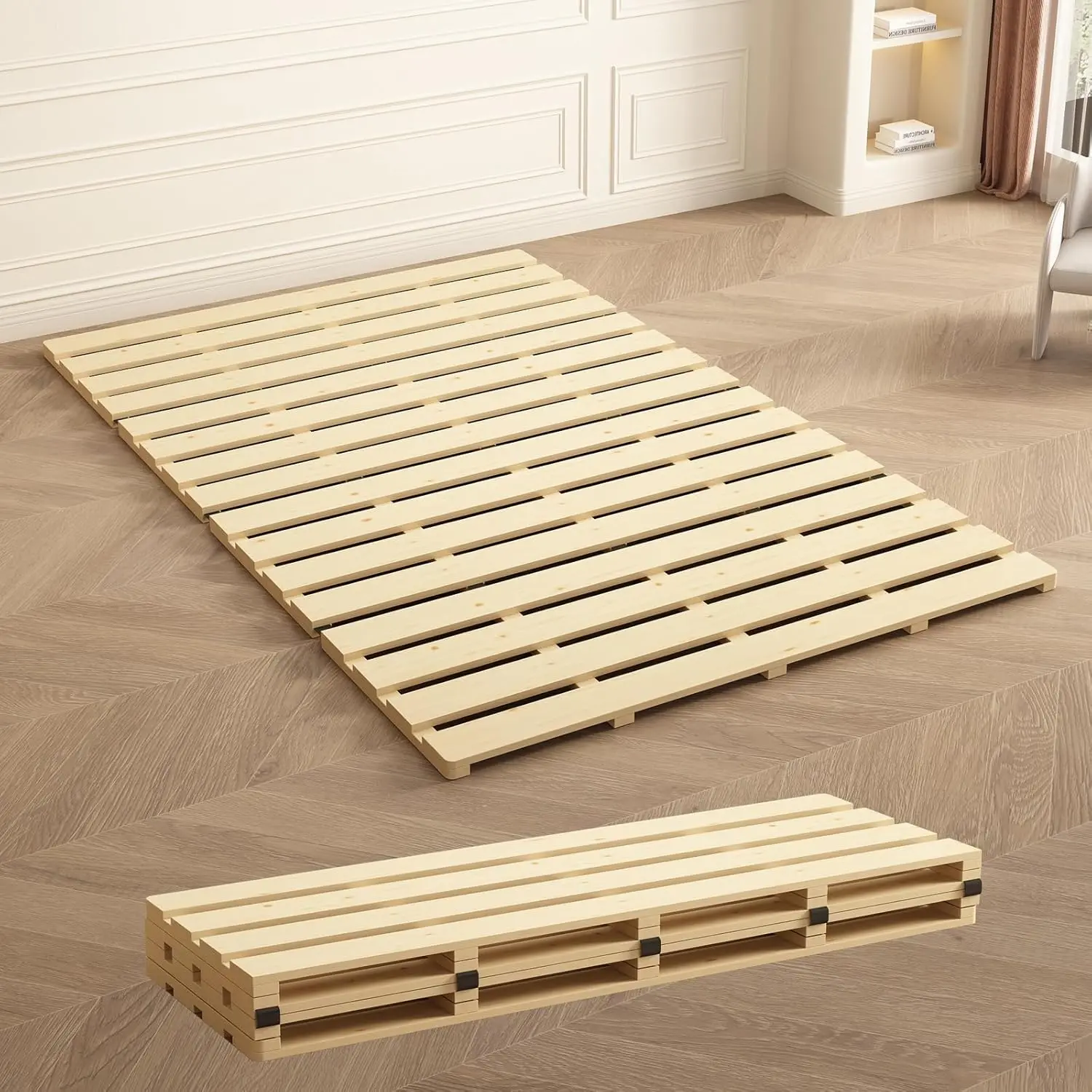 Japanese Style Wooden Bed Frame, Queen Size Foldable Tatami Floor Platform with Breathable Slats for a Guest Bedroom, Japanese Tatami Floor Bed Frame, U.s. Queen