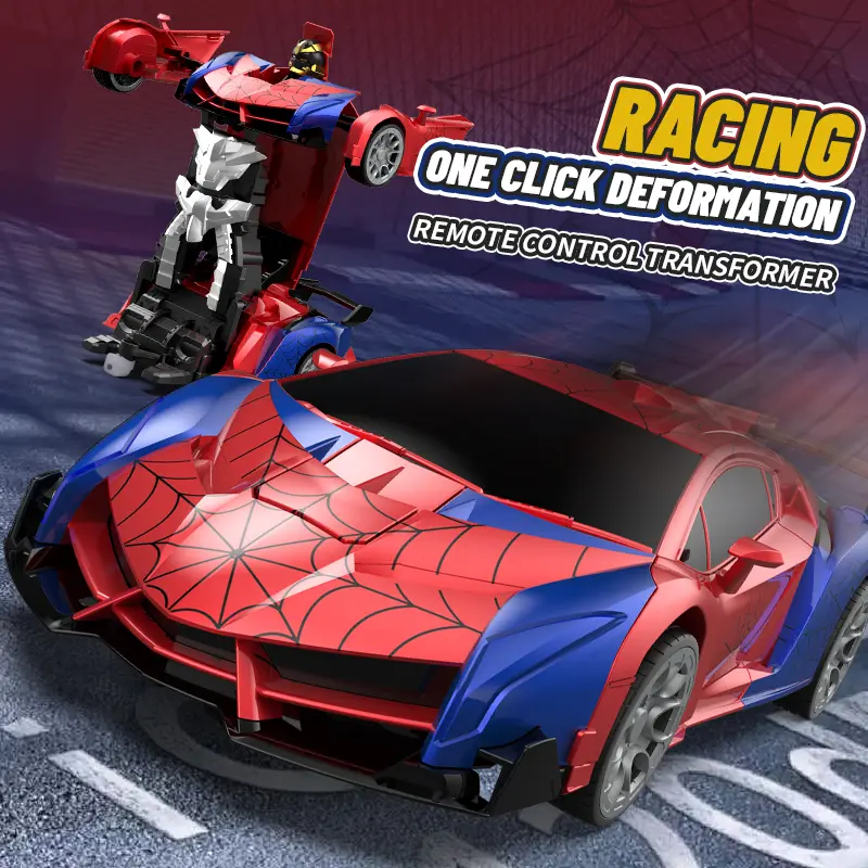 Web-Themed 2-in-1 Remote Control Transforming Stunt Car Toy - Collision-Safe, 1-Click Change, 360-Degree Spin, LED Lights, Includes Cells, Gift for Kids Ages 3+, One-Click Change