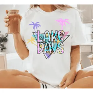 RTS LAKE DAYS PALM TREE MULTI COLOR DTF DIRECT TO FILM transfers size ADULT 10X12. 18-J