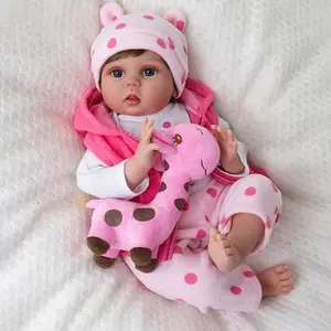 20 inch 50 centimeter realistic newborn baby girl soft and cute vinyl baby doll toy with plush pink giraffe, suitable for children's Christmas/birthday gifts