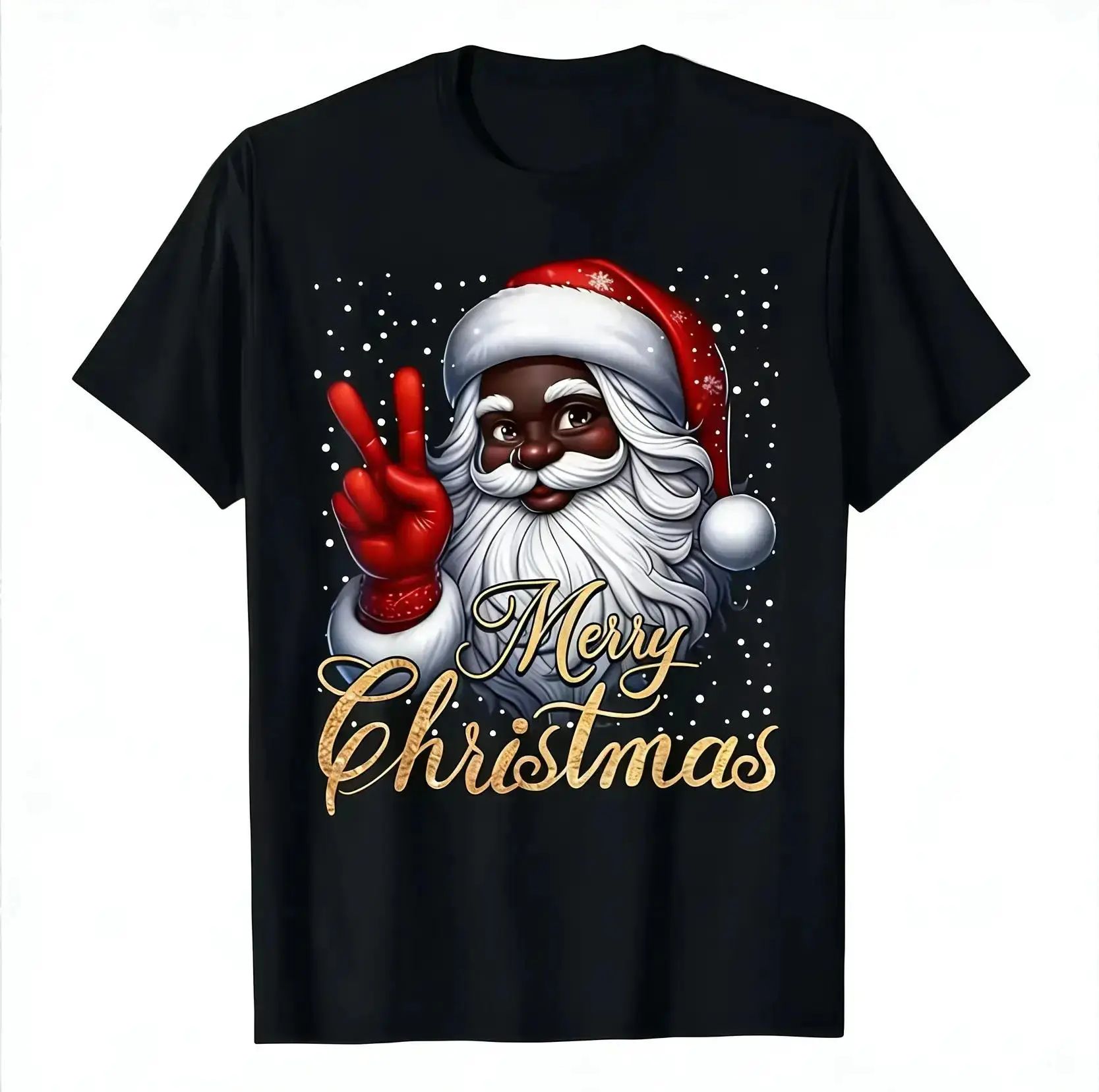 [HOT]Unisex Black Santa T-shirt, 100% Cotton Festive Christmas Top with Humorous Graphic, Short Sleeve Streetwear for Holiday Parties, Tshirt, Shortsleeve BB
