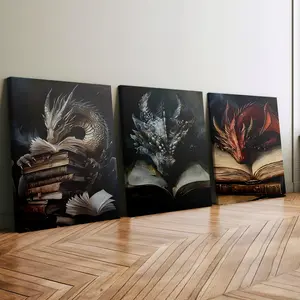 3 Count Wooden Frame Canvas, Canvas Prints, Reading Dragon Art, Artistic Fantasy Decorations, Modern Art, Valentine'S Day, Christmas And New Year Gift, Home, Room Mural, Office, For Living Room, Bedroom Wall Decor, HD, 8K, Odorless