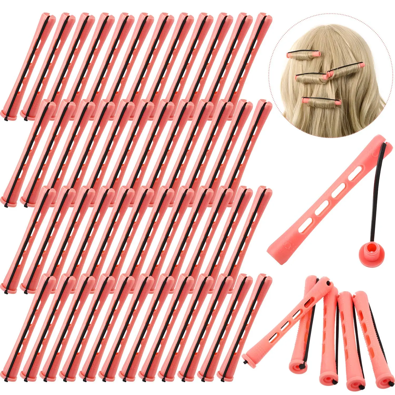 48 Pieces Plastic Pink Perm Rods Long Variety Hair Perm Rods Hair Curling Roller Rods for Women Hair Hairdressing Styling Tools