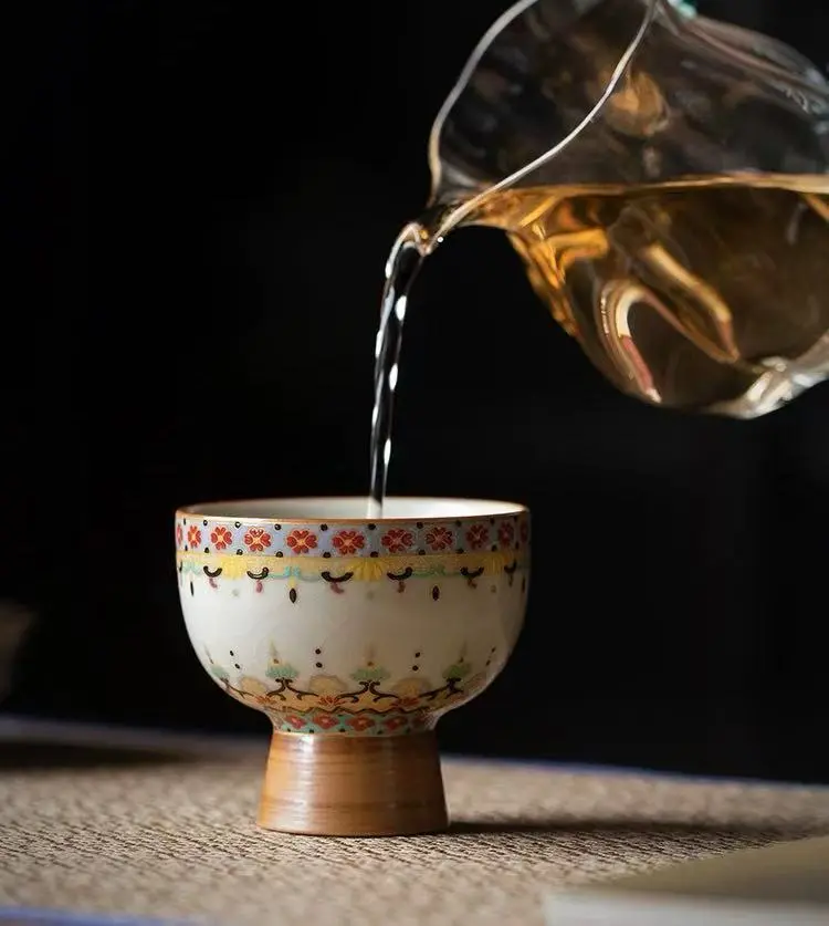 Vintage Hand-Painted Floral Tea Cup: Rustic Oriental Ceramic Pedestal