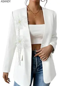 ASANDY Women's White Blazer with 3D Feather Flower Beaded Tassel Decor Elegant Lapel Long Sleeve Single-Breasted Jacket for Cocktail Wedding Guest Formal Wear OVERSIZE