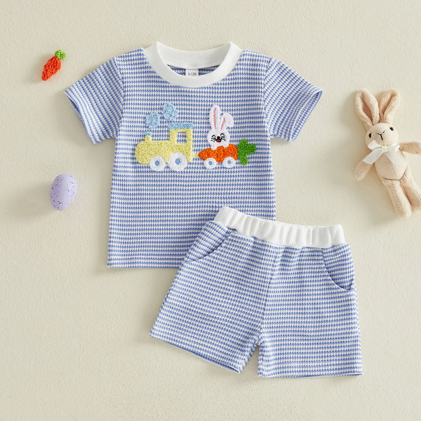 Toddler Baby Little Boy Easter Shorts Sets Short Sleeve Bunny Carrot Train Embroidery Tops and Striped Shorts Spring Summer 6M-4Y