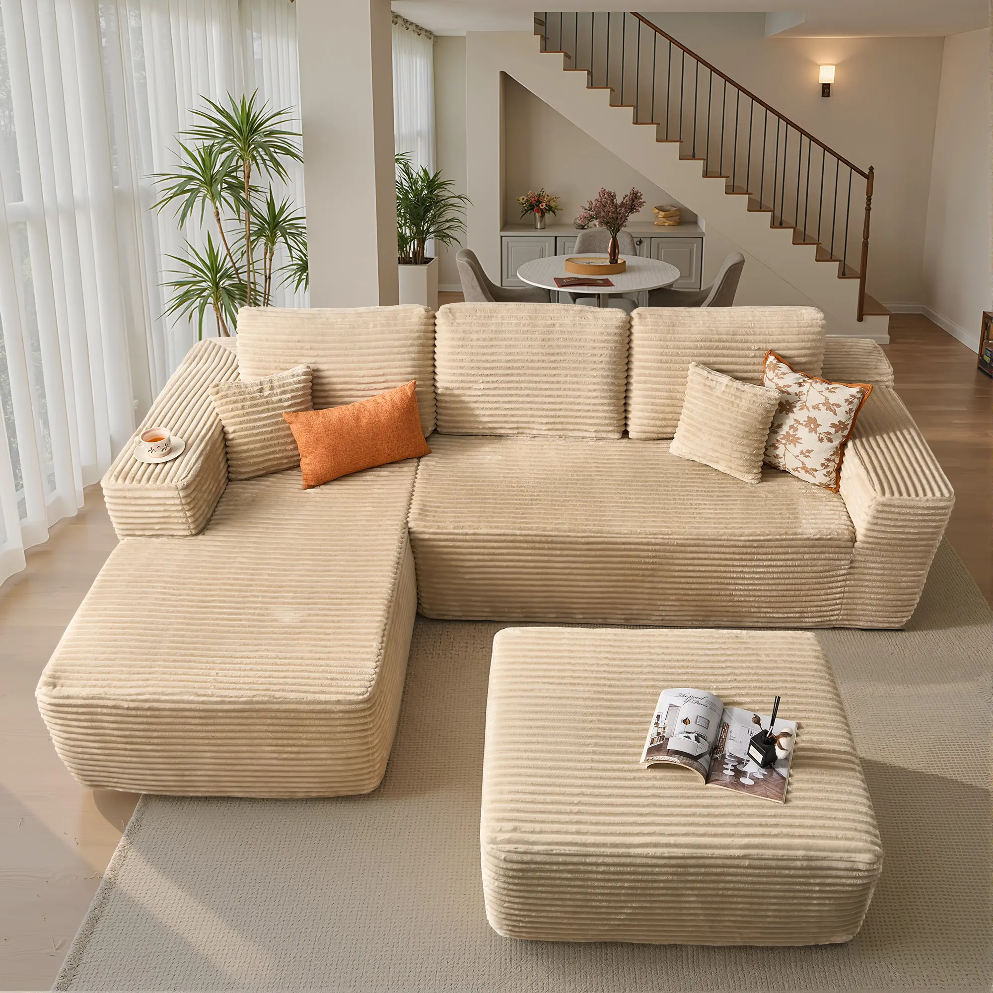 Beige Plush Corduroy Left Chaise