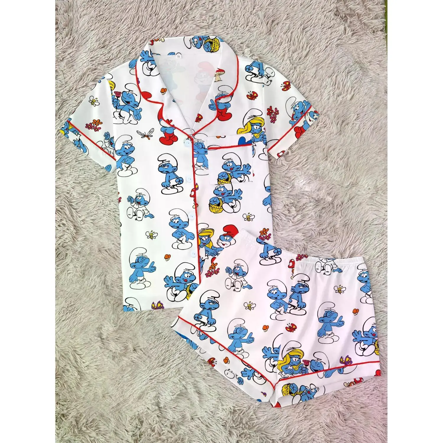 Trendy 80s Nostalgic Cartoon Pajama Set, Cute Blue Elf Graphic Sleepwear, Soft Short-Sleeve Button-Down Lounge Set with Red Piping, Kidcore Summer PJs