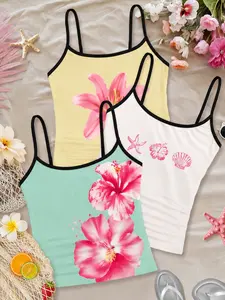 3-Pack Girls' Tropical Beach Tank Tops Camis, Soft Floral & Ocean Prints, Slim Fit Thin Straps, Perfect for Summer, Casual Daily Wear
