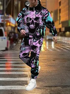 Men's Halloween Skull Hoodie Set, Comfortable 2-Piece Drawstring Long Sleeve Hooded Sweatshirt & Pants, Fashion Regular Fit