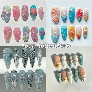 40pcs Ocean Theme Nail Art Kit, 3D Shell Starfish Flower Design, Pearl & Rhinestone Decor, Glossy Gel Nails, Handmade Press On, Reusable, Free Jelly Glue & File
