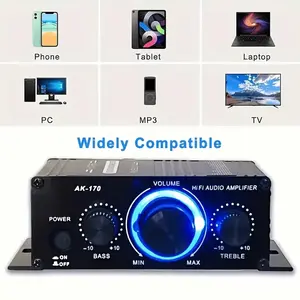 AK-170 Mini Car Audio Amplifier 12V 20W High-Power for Cars Motorcycles Computers MP3 Players Home Road Vehicles Black with Blue Indicator Lights Battery-Free Modern Durable Audio Equipment