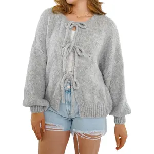 Women Front Tie Up Knit Cardigan Elegant Long Sleeve Solid Fall Casual Jacket Sweater