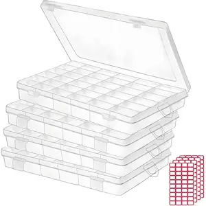 36 Grids Plastic Clear Organizer Box Bead Storage Containers with Adjustable Dividers for Craft Jewelry Fishing Tackles Parts Storage with 4 Sheets Label Stickers