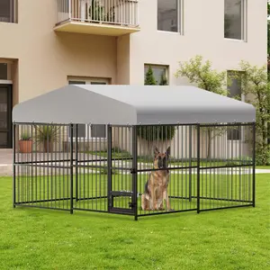 10x10x6 FT Dog Kennel Outdoor, Heavy-Duty Metal Dog Cage with Waterproof Top Cover, Lock ＆ Swivel Stainless Steel Feeding Bowl for All Dog Breeds Enclosure