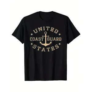 1pc United States Coast Guard Men'S Casual T-Shirt - 100% Cotton, Crew Neck, Short Sleeve, Loose Fit, All-Season Street Style Tee with Anchor Print, Digital Heat Transfer, Flared Hem y2k  outfits  men graphic tee men's t shirts