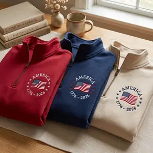 Embroidered America 250th Anniversary Quarter Zip Sweatshirt, Patriotic USA Flag Embroidery
