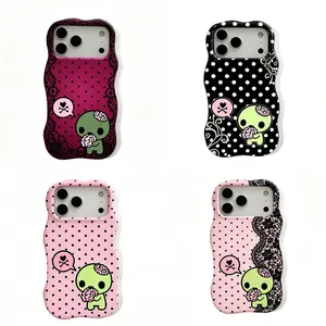 Y2k Kawaii Em0 Z0mb1e Phone Case, Pink Black Polka Dot Skull Pattern Protective Cover Made of Wave shell material | For iPhone 11~17 Pro Max & Samsung S22-S26, Perfect Gift Ideas For Her/Him