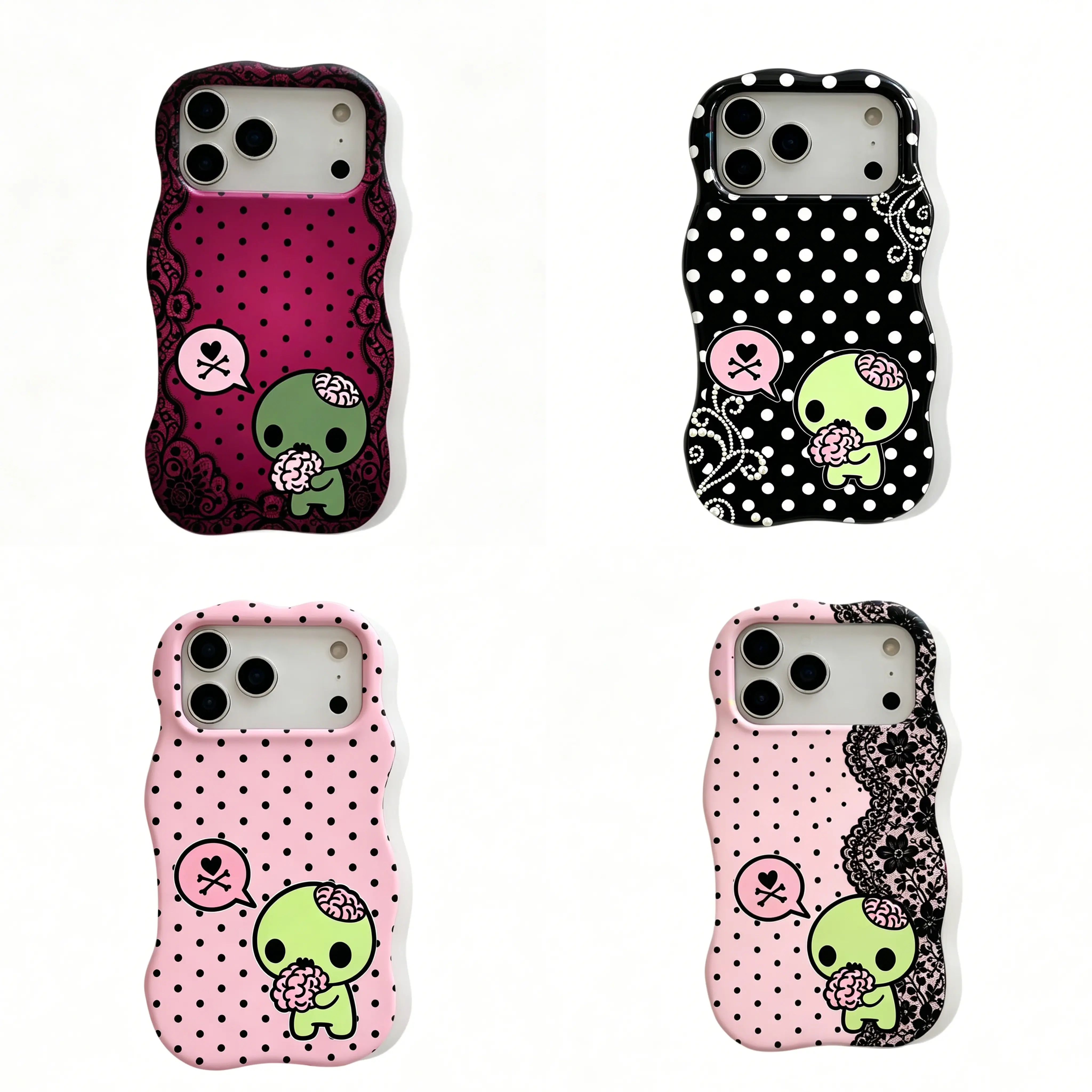 Y2k Kawaii Em0 Z0mb1e Phone Case, Pink Black Polka Dot Skull Pattern Protective Cover Made of Wave shell material |   For iPhone 11~17 Pro Max & Samsung S22-S26, Perfect Gift Ideas For Her/Him