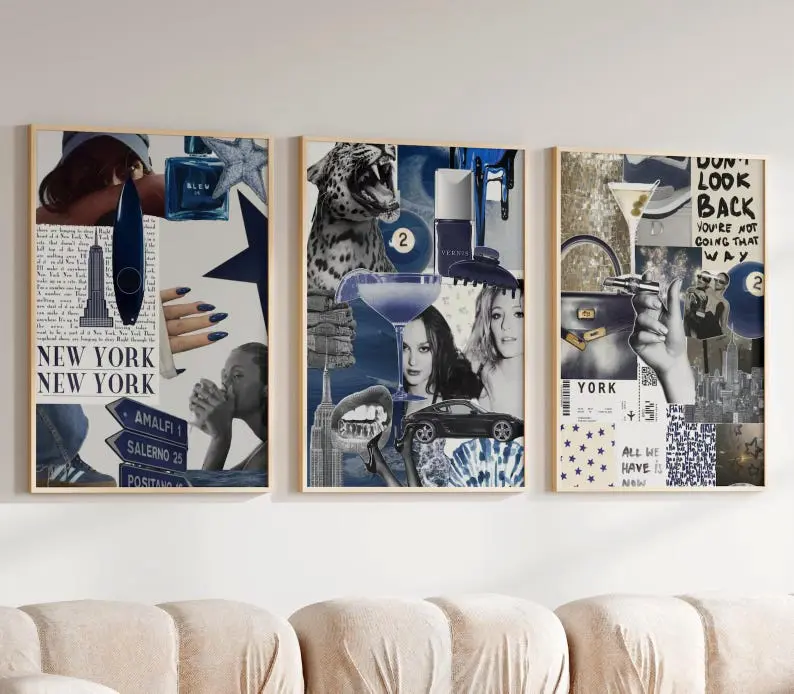 3 NAVY BLUE aesthetic collage poster, trendy blue wall art, pinterest shuffle art , 90s fashion poster, dorm room decor, vision board poster 2