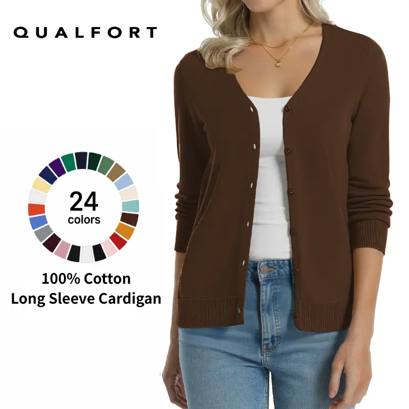 QUALFORT Women's Classic 100% Cotton Long Sleeve Button-Down Knitted Cardigan, Lightweight Regular Fit Knitwear for Office & Everyday Wear, Checkered Print