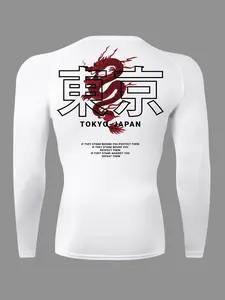 Dragon Tokyo Print Long Sleeve Compression Shirt for Men, Spring & Fall Gym Running Workout Baselayers Undershirts, Quick-Dry Breathable Sportswear