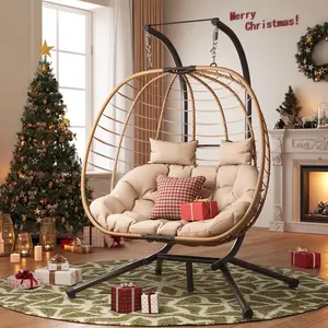 UDPATIO Double Wicker Swing Egg Chair 2 Person Foldable Hanging Egg Chair with Stand, Porch Swing Loveseat for Patio, Balcony, Porch, Indoor，Outdoor,