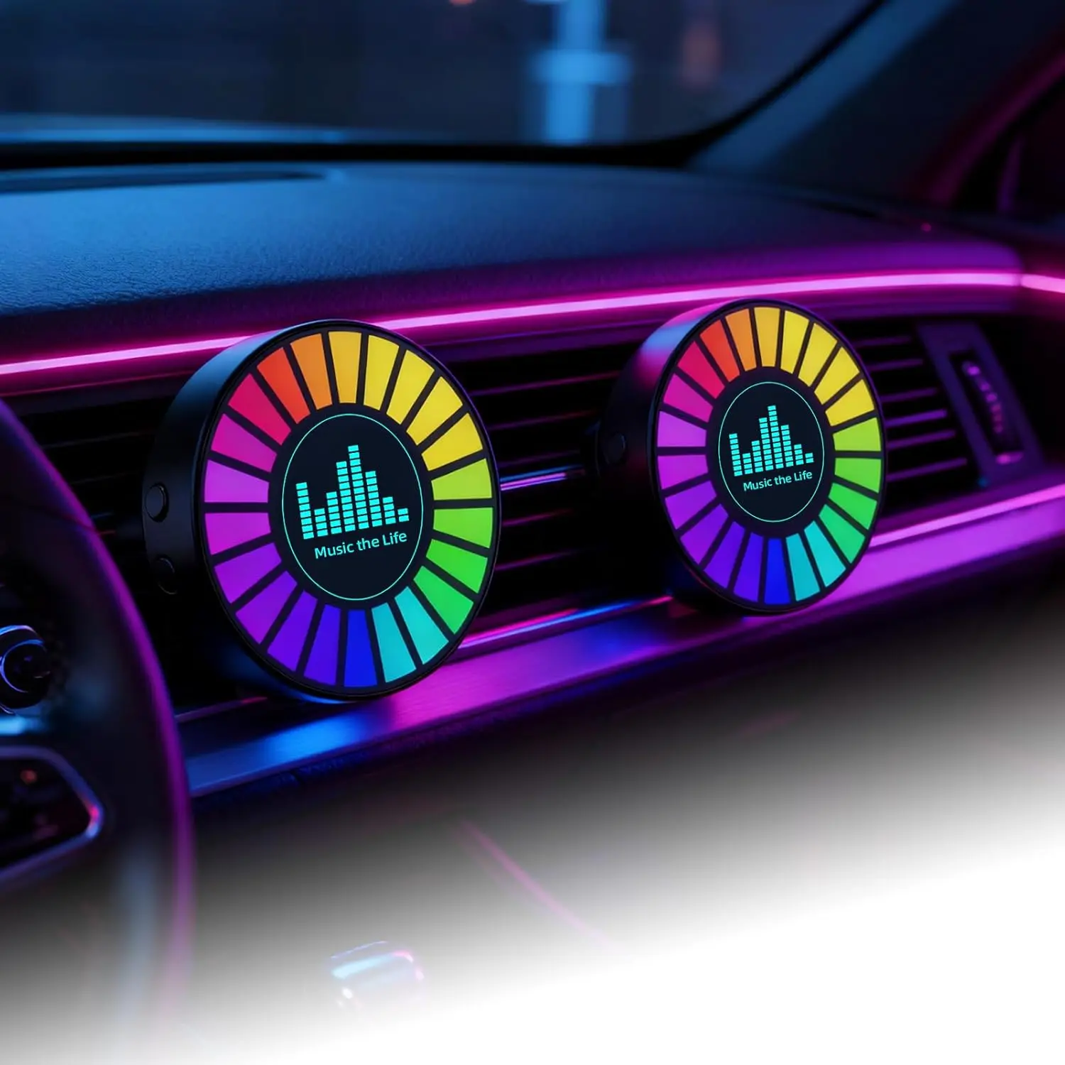 2-Pack Compact Car Aroma Diffuser Music LED Discs - RGB Sound-Activated Music Sync Lighting, 10 Vibrant Colors Mood Lights, Rechargeable Magnet Mount, for Car Interior, Gaming Setups