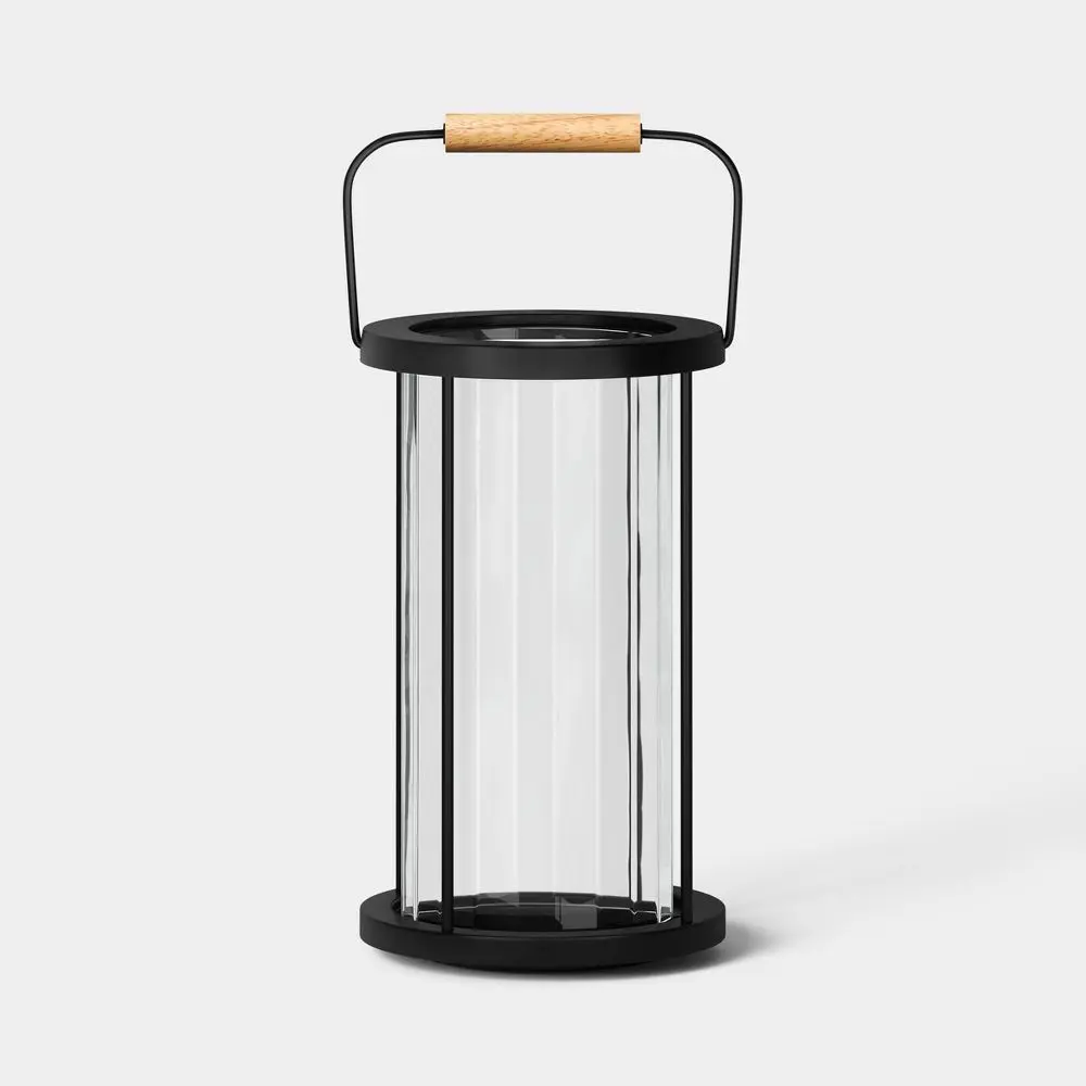 12.5"x8.2" Metal and Glass Outdoor Pillar Candle Holder Lantern Black - Threshold