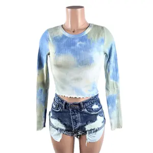 Jamie Tie Dye Crop Top Long Sleeve Round Neck Ribbed
