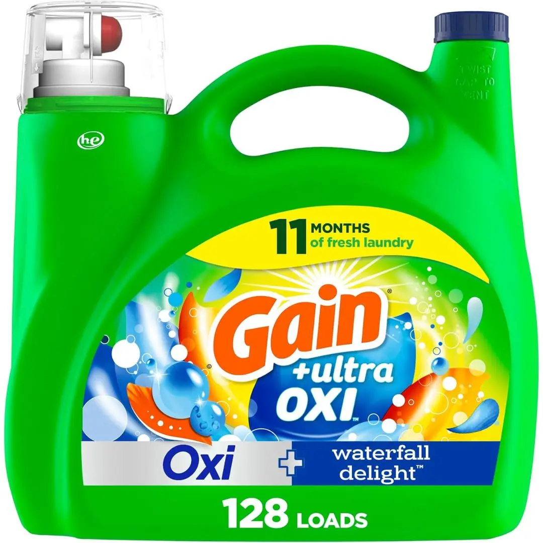 Gain Ultra Oxi Liquid Laundry Detergent, 128 loads, 184 fl oz, Waterfall Delight Scent, 2-in-1, HE Compatible