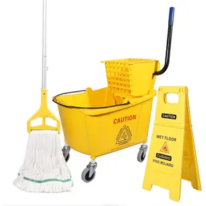 35Qt. Side-Press Mop Bucket and Wringer Combo  Wheels, Yellow, for Floor Cleaning/Wet Mopping,Including  Commercial Mop and Wet Floor Caution Sign (24inch)