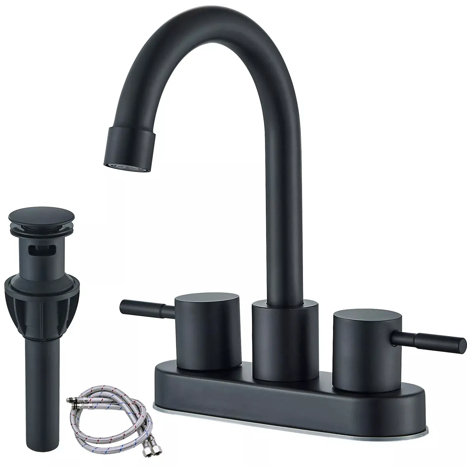 Bathroom Faucets for Sink 3 Holes, ATSHOWER 4 inch Matte Black with Pop-up Drain and 2 Mixing Hot Cold Supply Hoses, Stainless Steel Lead-Free 2-Handle Centerset Faucet for Sink Vanity, Matte Black & Brushed Nickel