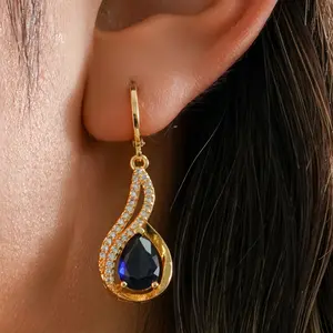 18K Gold Plated 2-Layer Swirl Navy Blue Sapphire Teardrop Gemstone Dangle Earrings for Women Hypoallergenic Cubic Zirconia Elegant Drop Statement Jewelry Gifts Fashion
