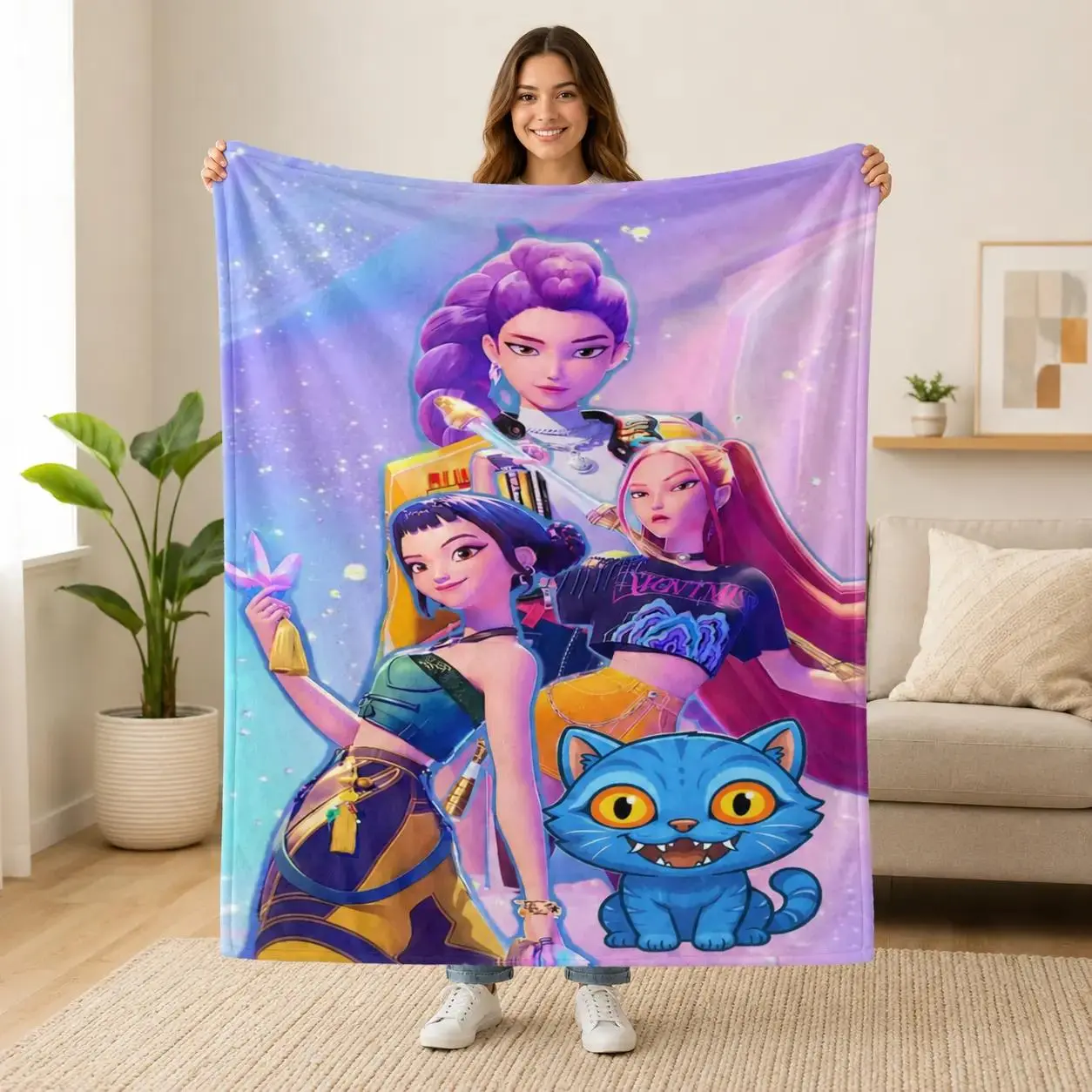 K-Pop Demon Hunters Girl Group Throw Blanket, Animated Pop Idol Star Graphic Soft Cozy Plush Bed Blanket, Lightweight Warm Blankets for Bedroom Decor, Couch Sofa Living Room, Birthday Gifts for Music Fans