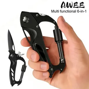 6 in 1 EDC Multitool Carabiner Keychain Survival Gear with Folding Knife Window Breaker Screwdriver Bottle Opener Outdoor Camping Hiking Gift for Men