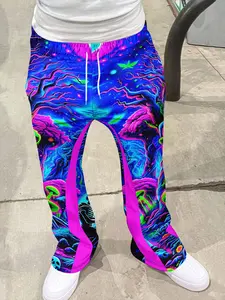 Men's Flared Trousers, Y2K Cyberpunk Mushroom Print, Neon Color Block, Drawstring Waist, Casual Long Pants, Music Festival Fashion