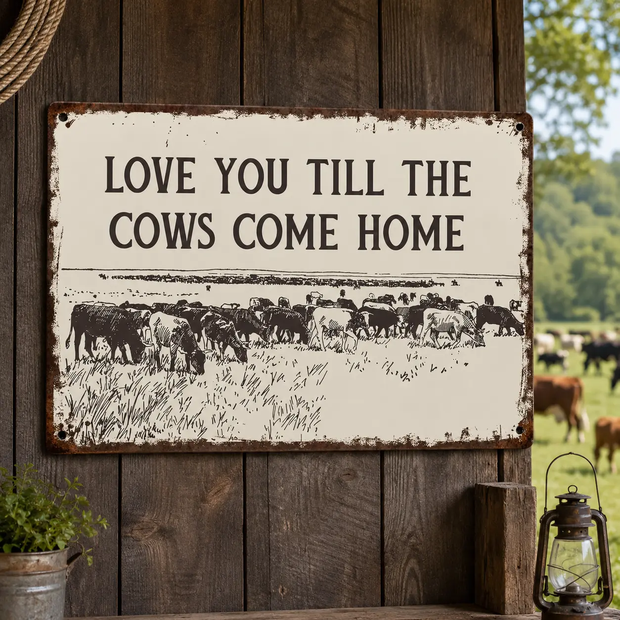 Vintage Love You Till The Cows Come Home Metal Tin Sign, Retro Rustic Farmhouse Cow Herd Wall Decor, Cute Western Country Kitchen Living Room Bed Plaque, Novelty Valentine Anniversary Gift for Wife Her, 8x12 Inch, Easy to Hang